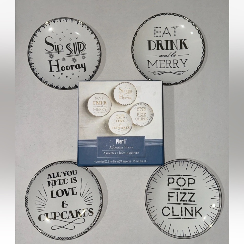 Pier 1 NEW Boxed Set of 4 Appetizer Plates CELEBRATION 6.25" White & Gold